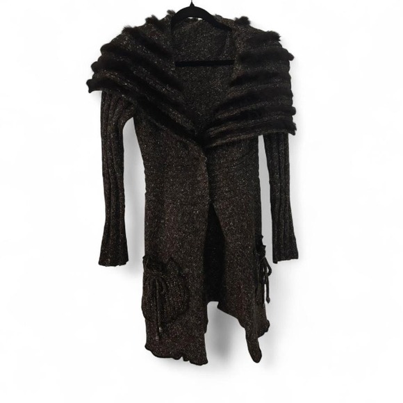Vintage Sweaters - Y2K vintage Brown grey cardigan with mohair wool fur trim‎ #y2k FashionElle